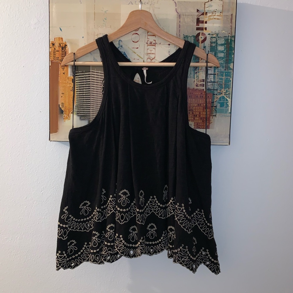 FREE PEOPLE Black Scalloped Open Back Slub Tank S - Picture 4 of 9